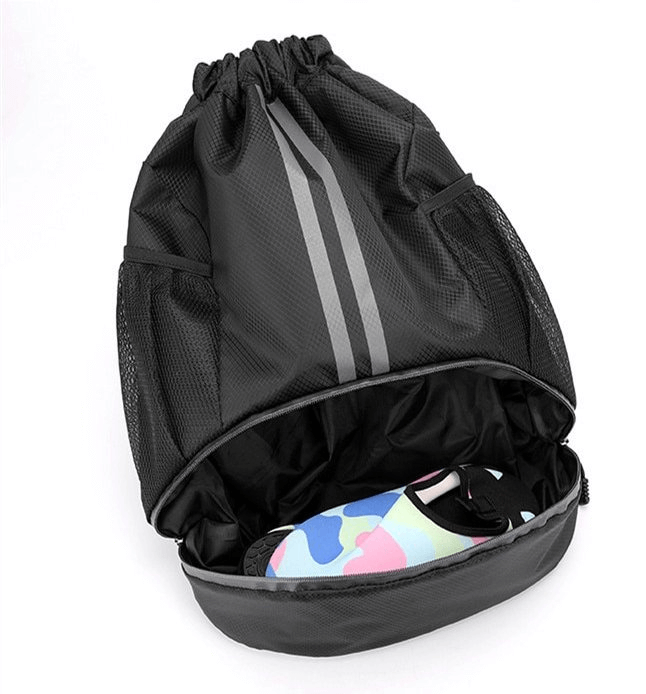 Unisex sports backpack SF0935 with waterproof shoe compartment, black nylon material, ideal for outdoor adventures and swimming gear.